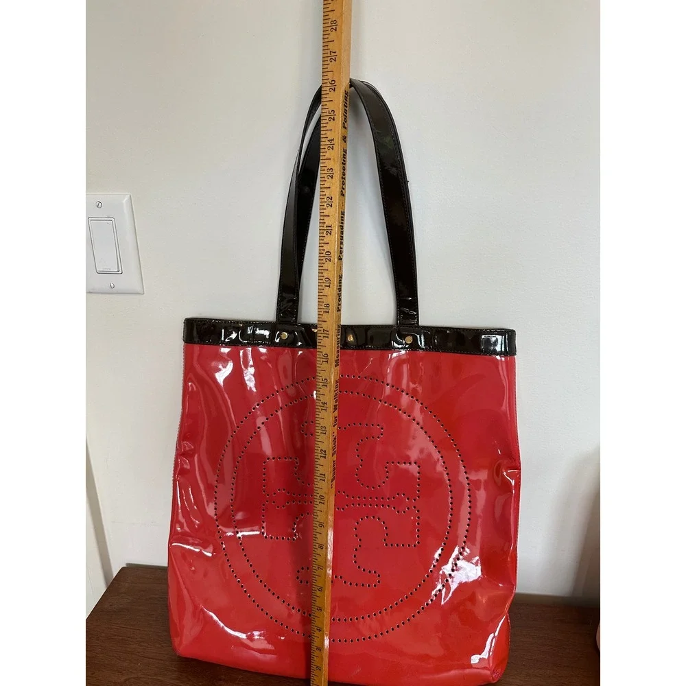 Tory Burch Red Patent Leather Perforated Logo Tote Bag Brown Trim
